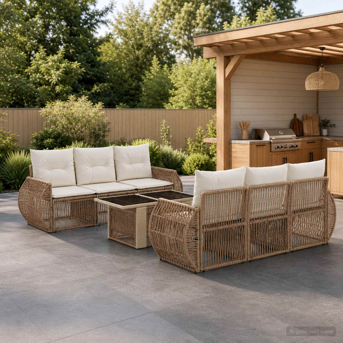 vidaXL Conjunto de sofás de jardín 7 uds. Beige y blanco crema