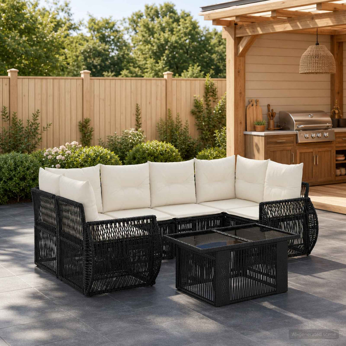 vidaXL Conjunto de sofás de jardín 7 uds. Negro y Blanco Crema