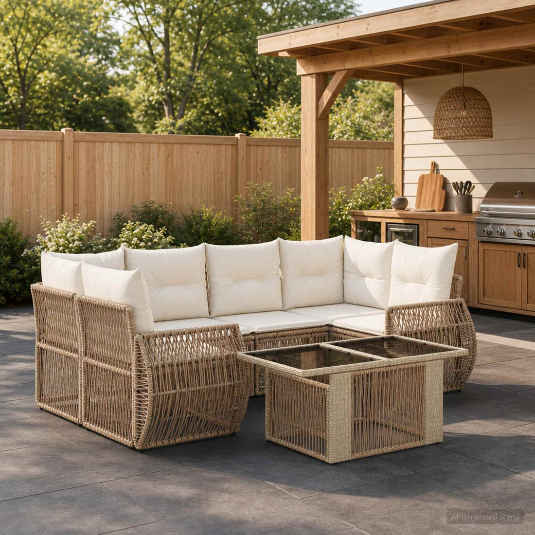 vidaXL Conjunto de sofás de jardín 7 uds. Beige y blanco crema
