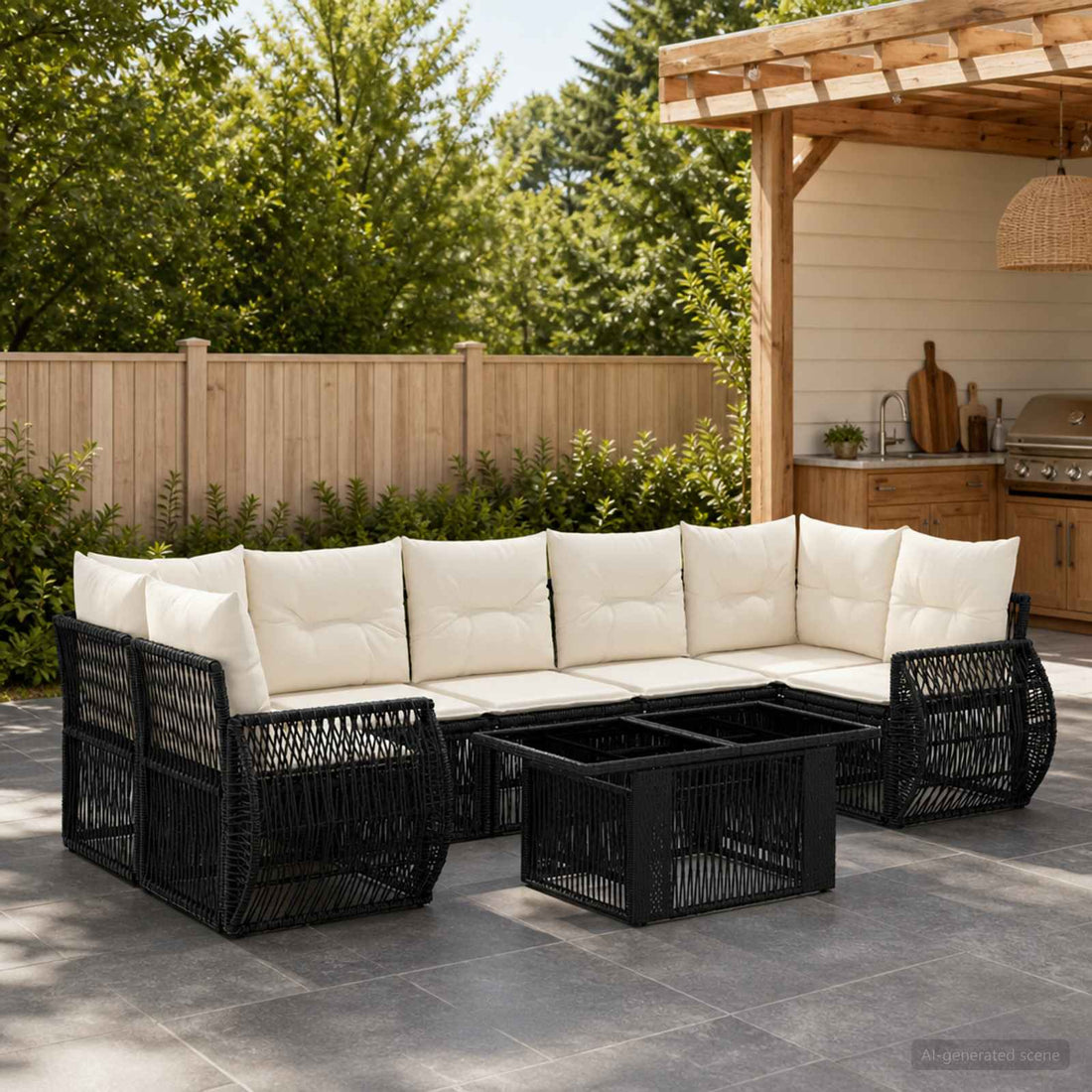 vidaXL Conjunto de sofás de jardín 8 uds. Negro y Blanco Crema
