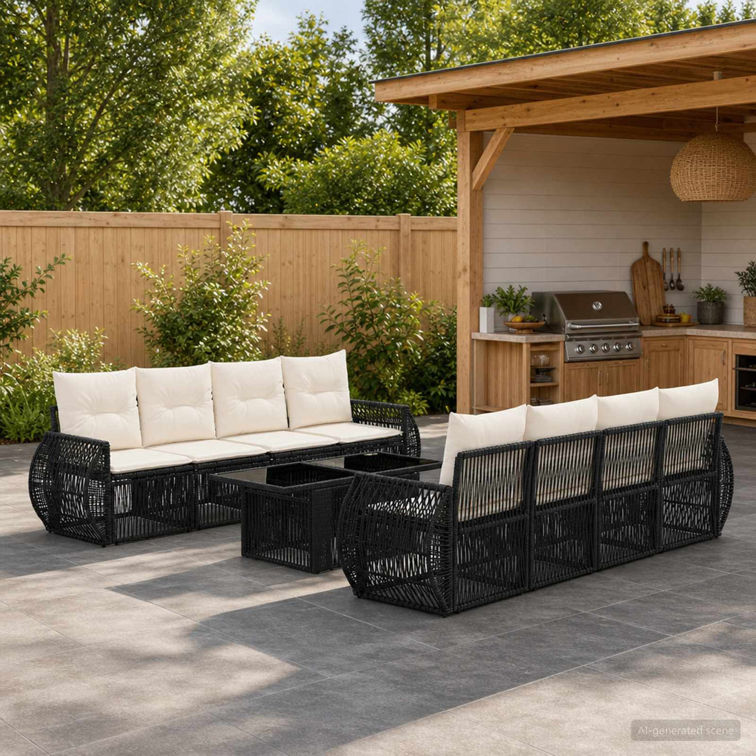vidaXL Conjunto de sofás de jardín 9 uds. Negro y Blanco Crema