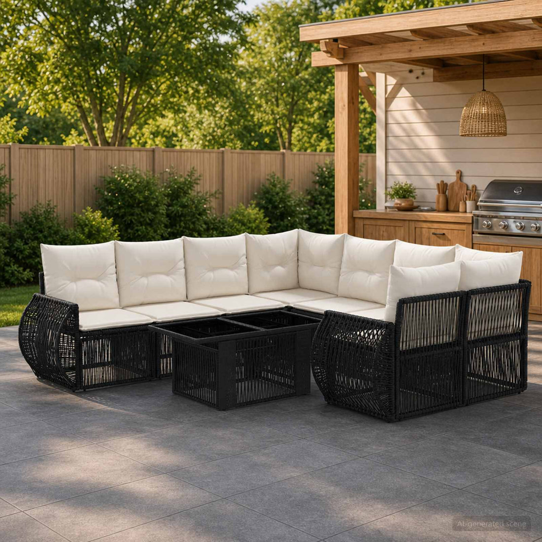 vidaXL Conjunto de sofás de jardín 9 uds. Negro y Blanco Crema