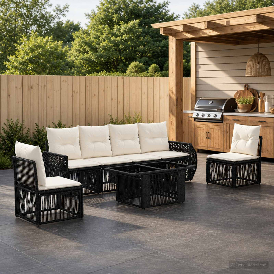 vidaXL Conjunto de sofás de jardín 7 uds. Negro y Blanco Crema