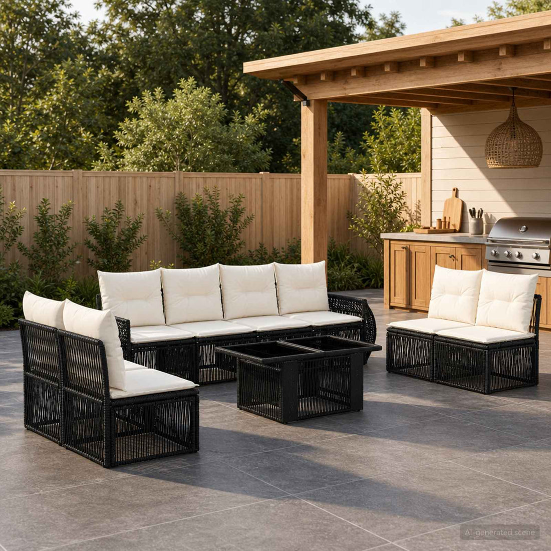 vidaXL Conjunto de sofás de jardín 9 uds. Negro y Blanco Crema