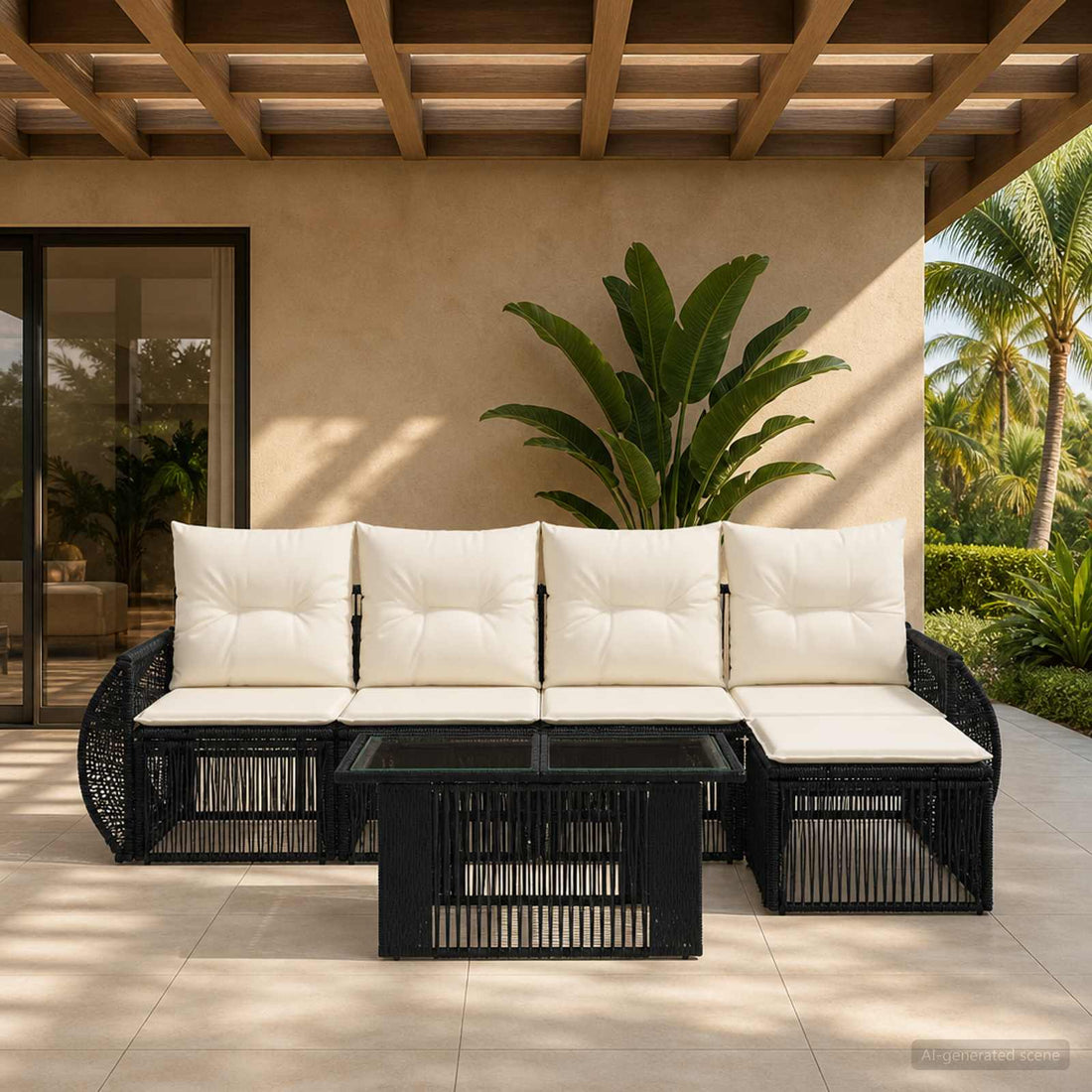 vidaXL Conjunto de sofás de jardín 6 uds. Negro y Blanco Crema