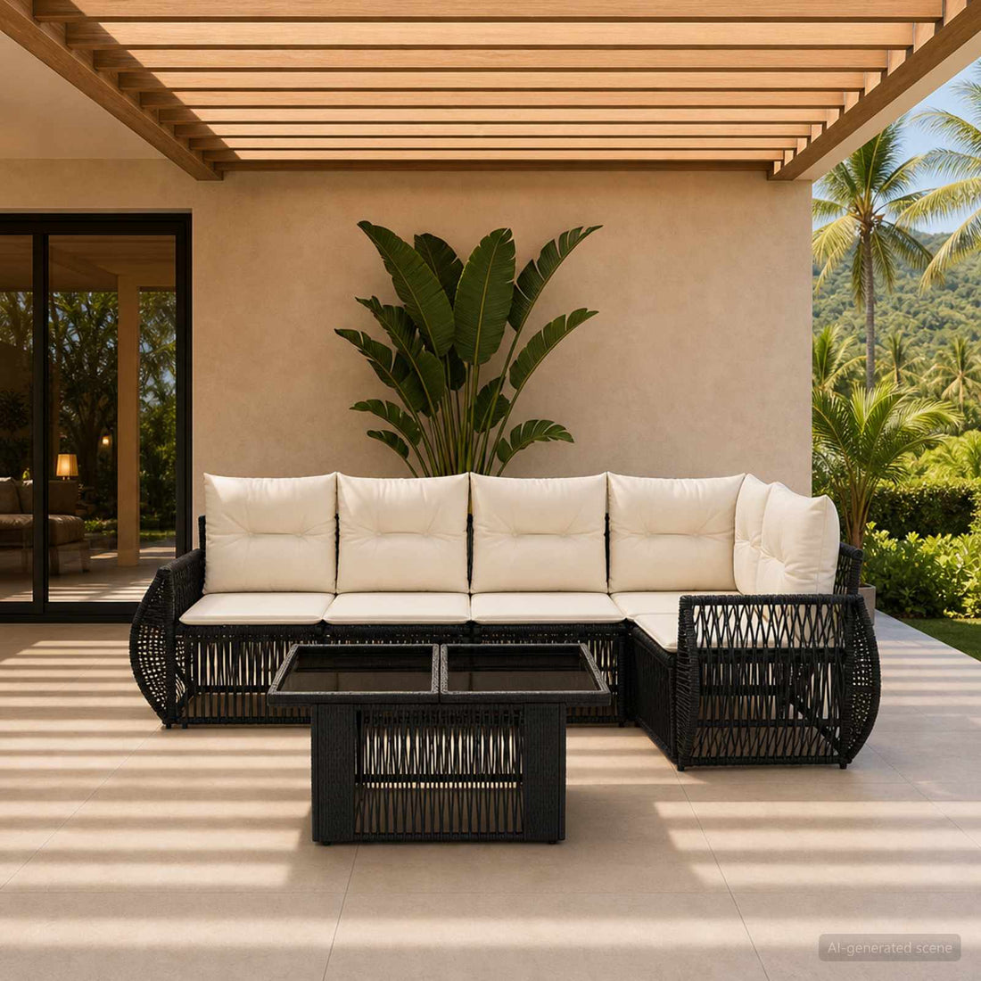 vidaXL Conjunto de sofás de jardín 6 uds. Negro y Blanco Crema