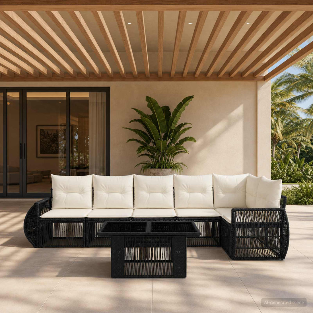vidaXL Conjunto de sofás de jardín 7 uds. Negro y Blanco Crema