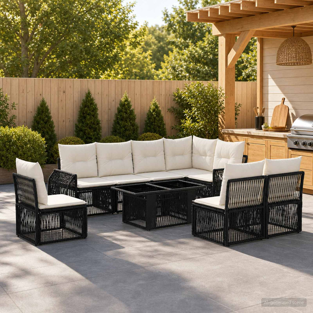 vidaXL Conjunto de sofás de jardín 9 uds. Negro y Blanco Crema