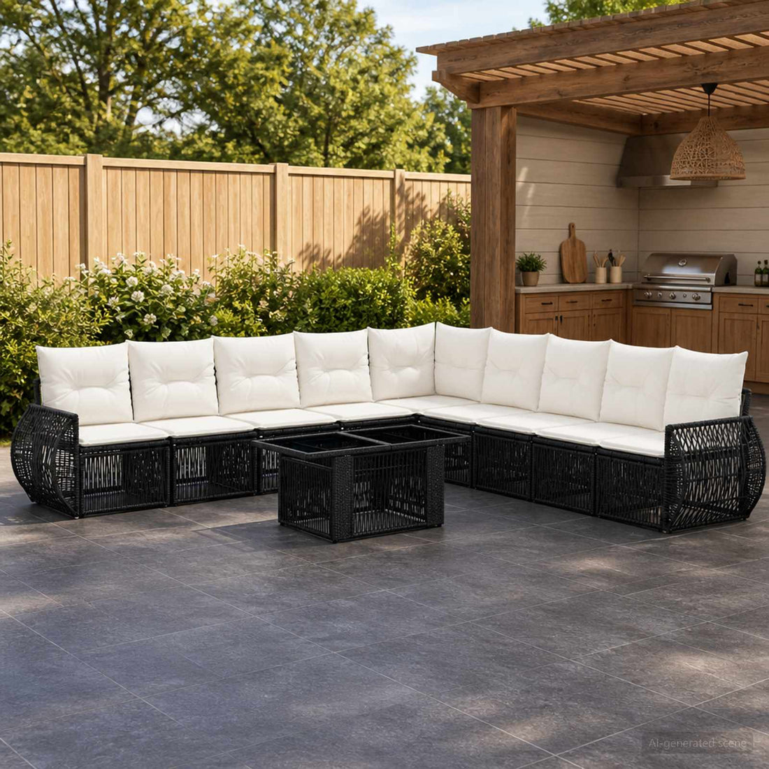 vidaXL Conjunto de sofás de jardín 10 uds. Negro y Blanco Crema