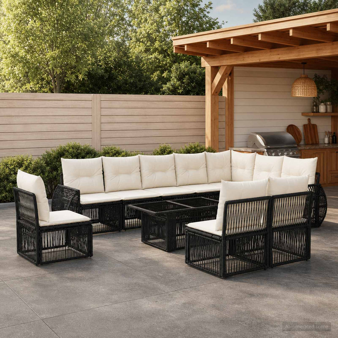 vidaXL Conjunto de sofás de jardín 11 uds. Negro y Blanco Crema
