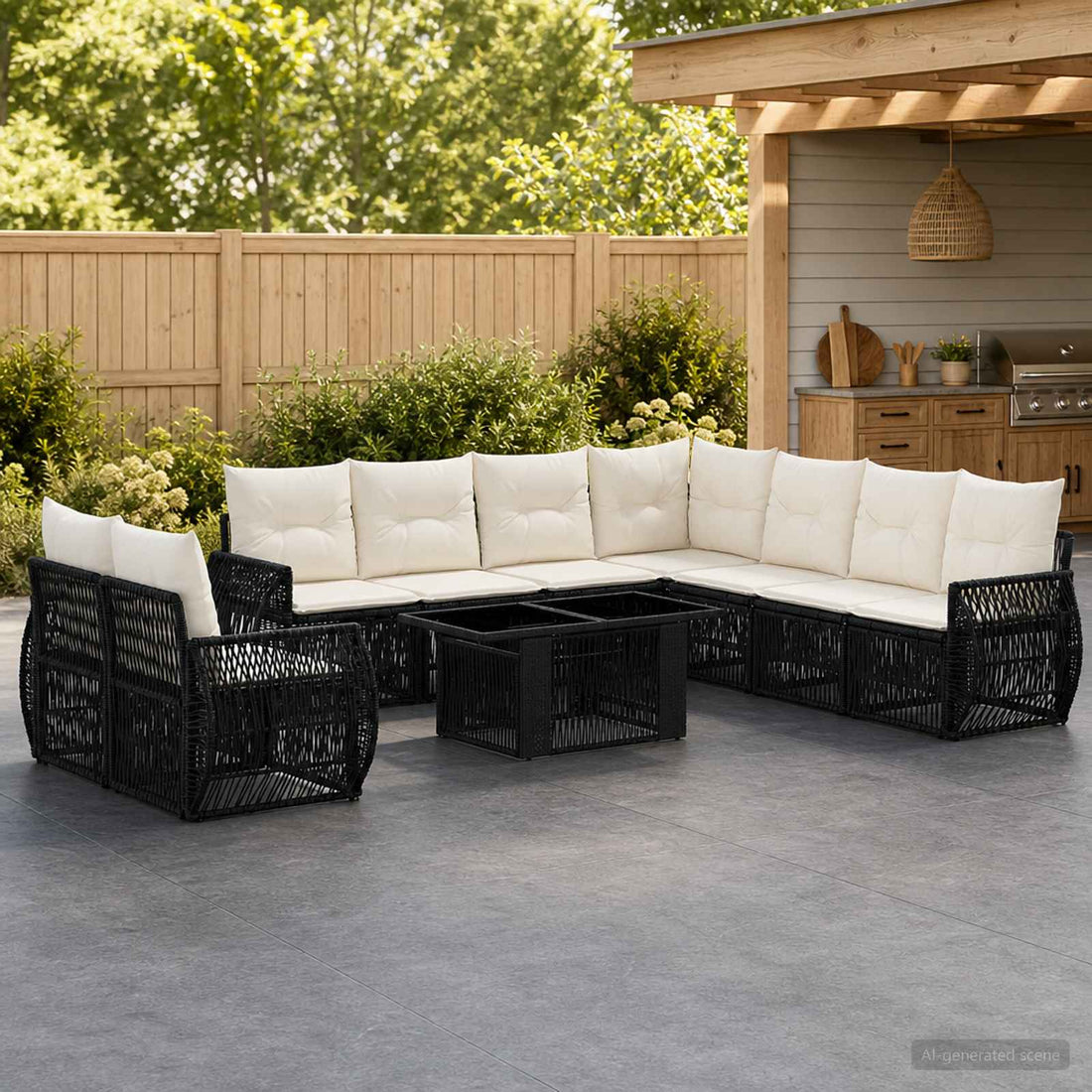 vidaXL Conjunto de sofás de jardín 10 uds. Negro y Blanco Crema