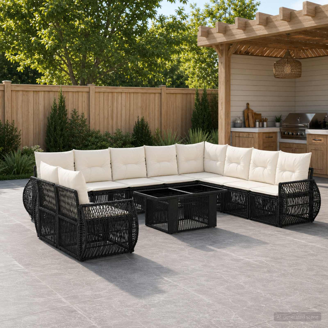 vidaXL Conjunto de sofás de jardín 11 uds. Negro y Blanco Crema