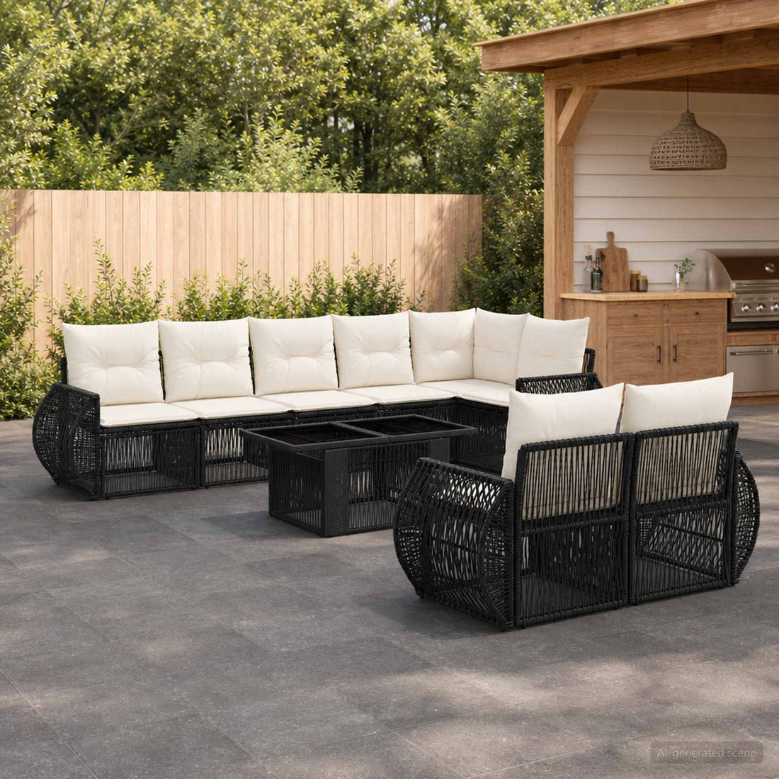 vidaXL Conjunto de sofás de jardín 9 uds. Negro y Blanco Crema
