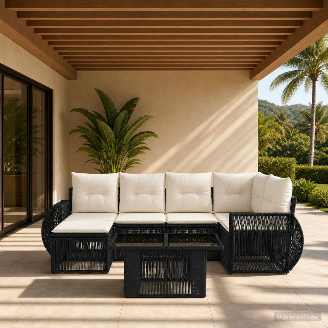 vidaXL Conjunto de sofás de jardín 7 uds. Negro y Blanco Crema