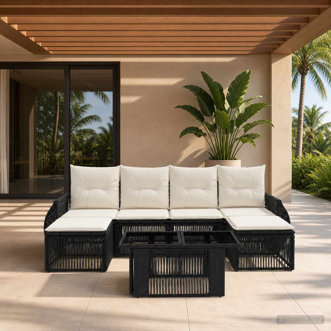 vidaXL Conjunto de sofás de jardín 7 uds. Negro y Blanco Crema