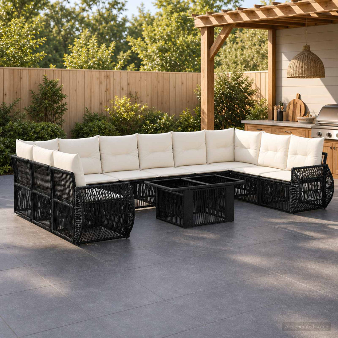vidaXL Conjunto de sofás de jardín 11 uds. Negro y Blanco Crema