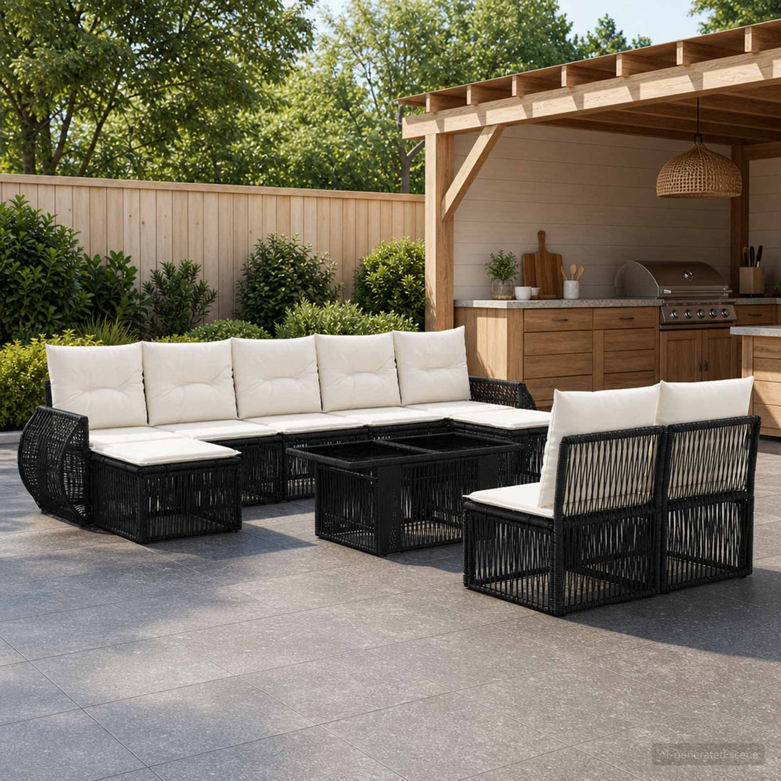 vidaXL Conjunto de sofás de jardín 10 uds. Negro y Blanco Crema