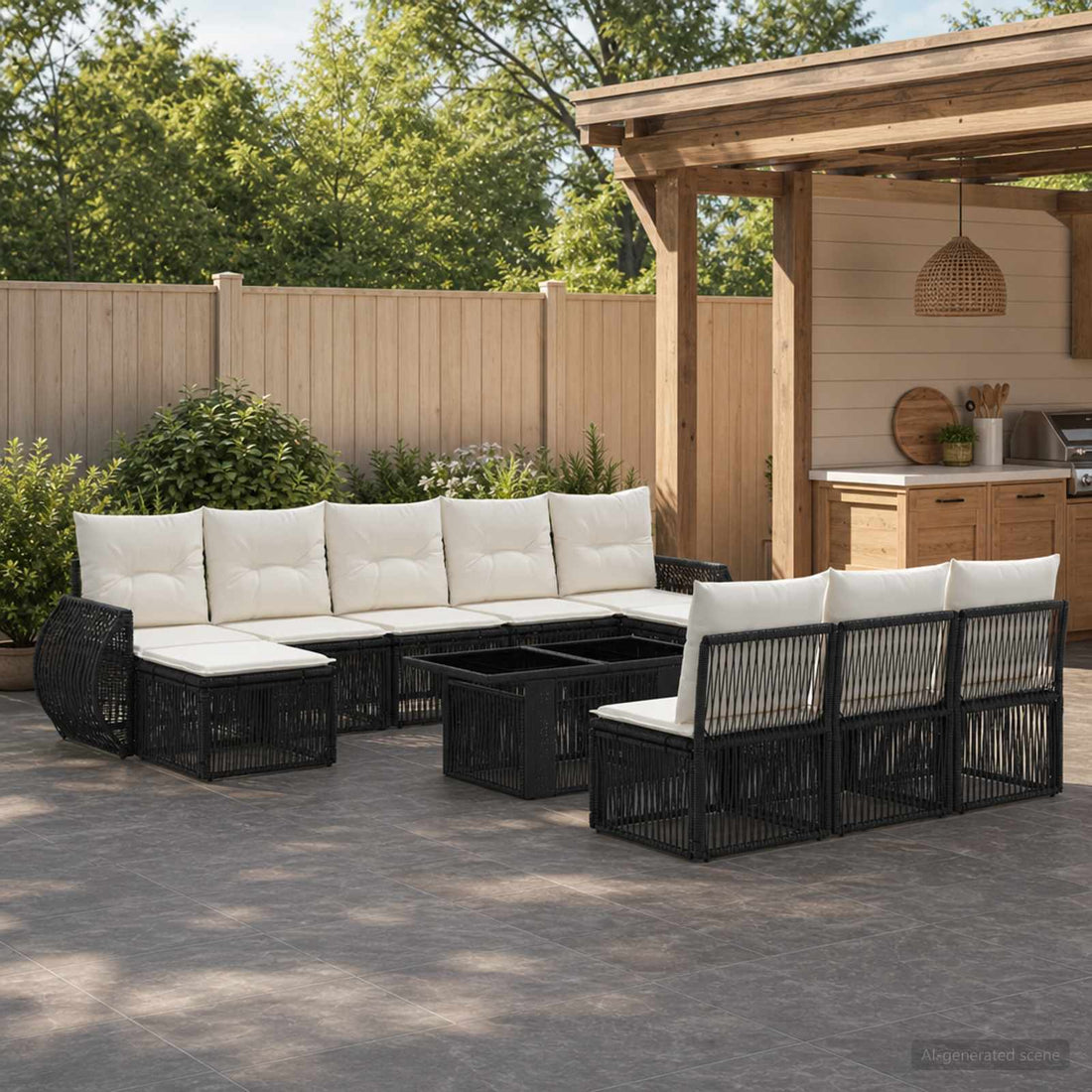 vidaXL Conjunto de sofás de jardín 11 uds. Negro y Blanco Crema