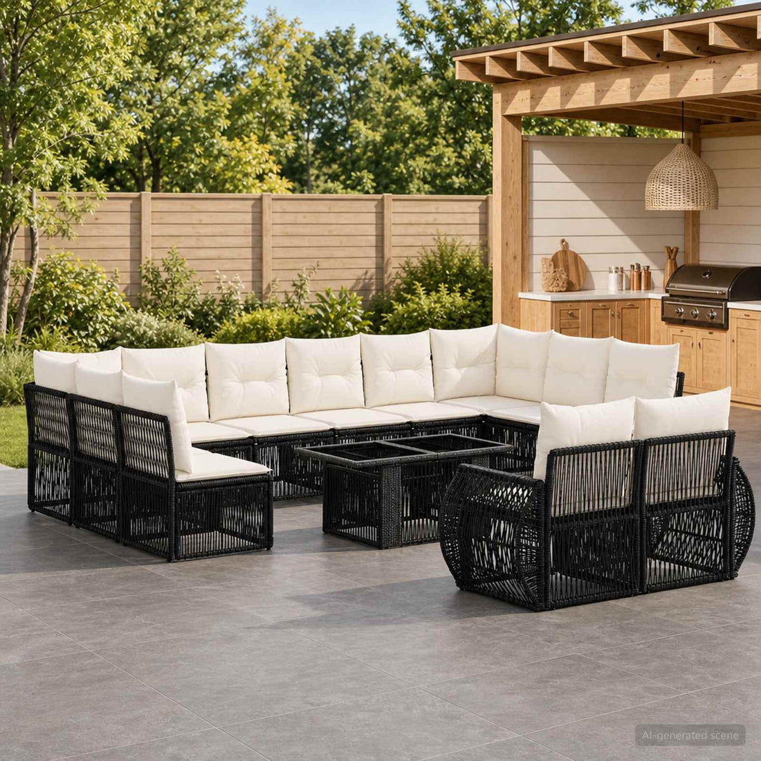 vidaXL Conjunto de sofás de jardín 13 uds. Negro y Blanco Crema