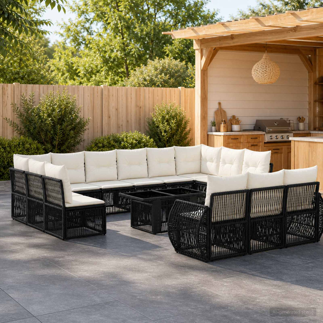 vidaXL Conjunto de sofás de jardín 14 uds. Negro y Blanco Crema