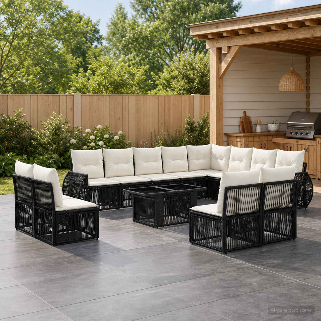 vidaXL Conjunto de sofás de jardín 13 uds. Negro y Blanco Crema