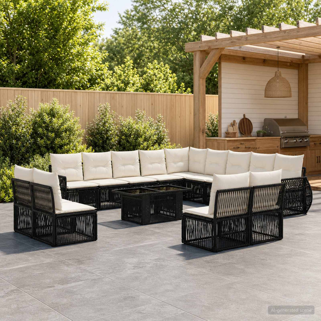 vidaXL Conjunto de sofás de jardín 14 uds. Negro y Blanco Crema