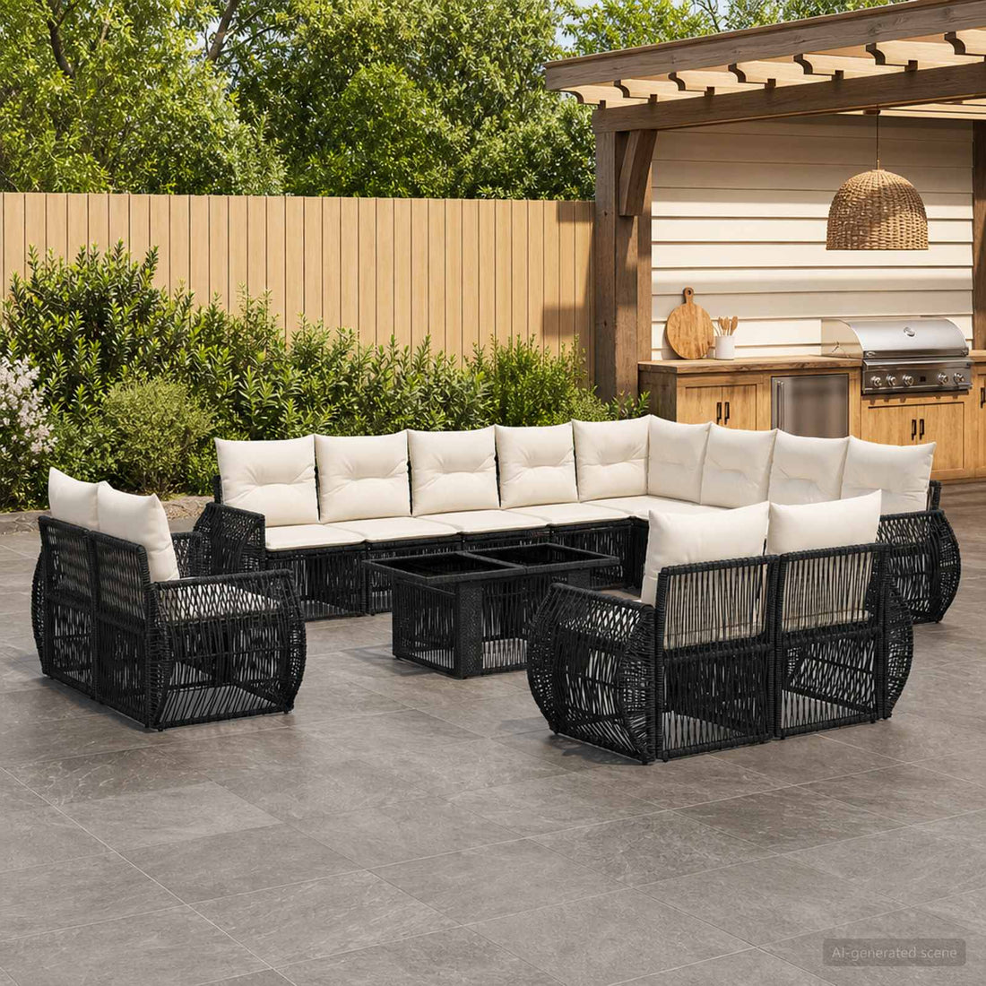 vidaXL Conjunto de sofás de jardín 13 uds. Negro y Blanco Crema