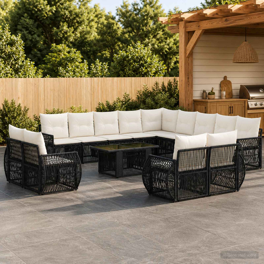 vidaXL Conjunto de sofás de jardín 14 uds. Negro y Blanco Crema