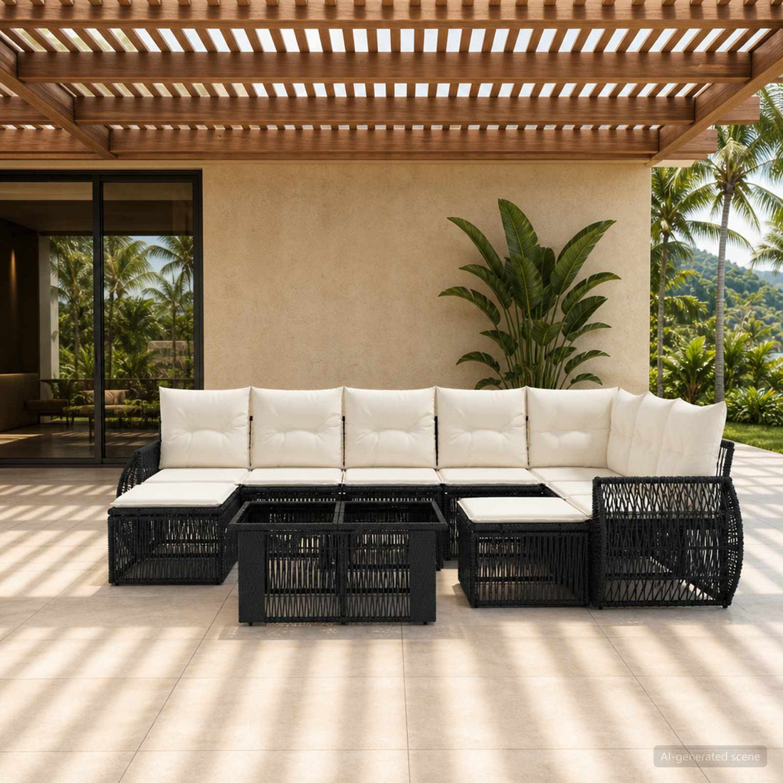 vidaXL Conjunto de sofás de jardín 10 uds. Negro y Blanco Crema