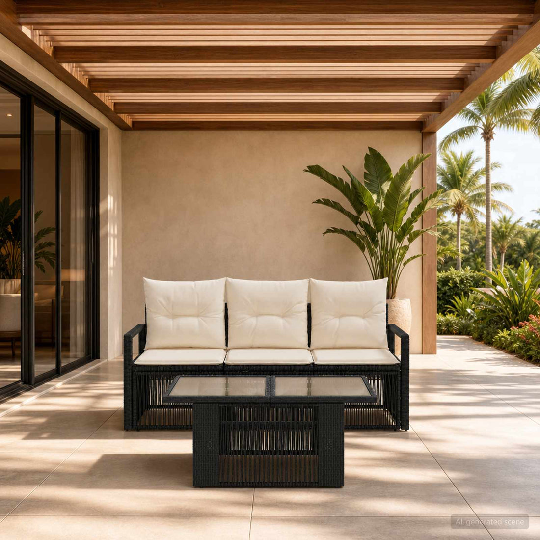 vidaXL Conjunto de sofás de jardín 4 uds. Negro y Blanco Crema