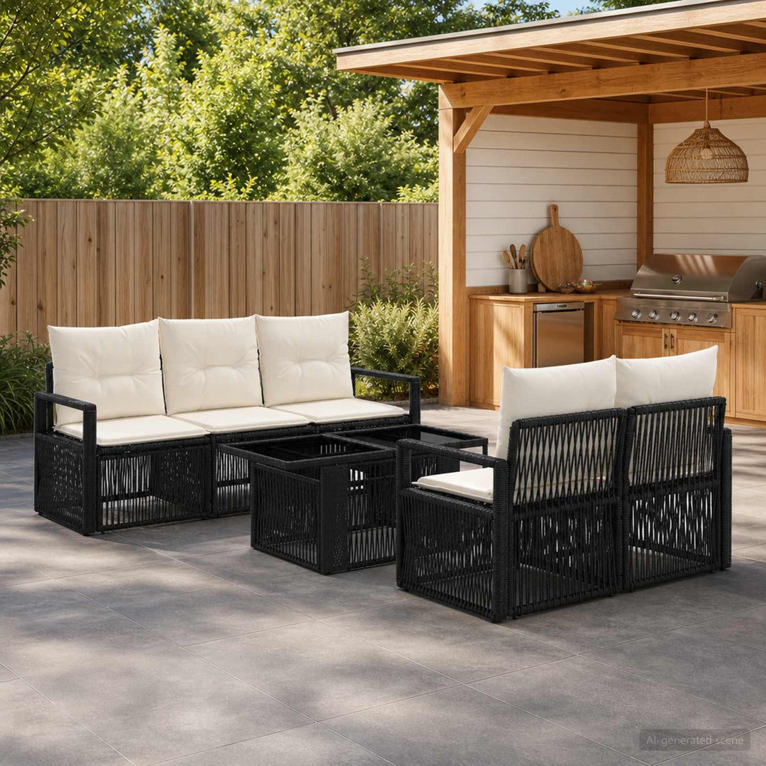 vidaXL Conjunto de sofás de jardín 6 uds. Negro y Blanco Crema