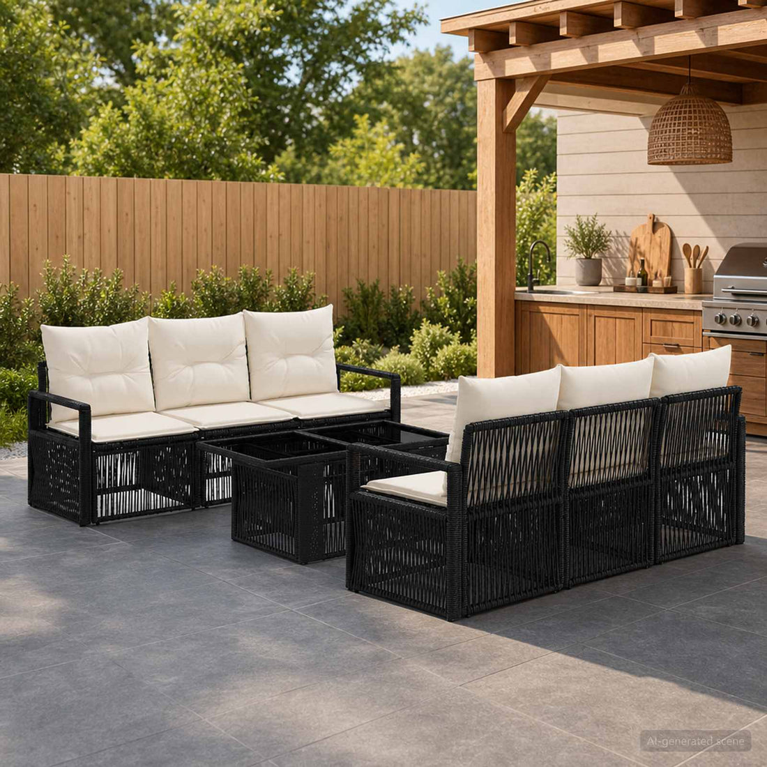 vidaXL Conjunto de sofás de jardín 7 uds. Negro y Blanco Crema