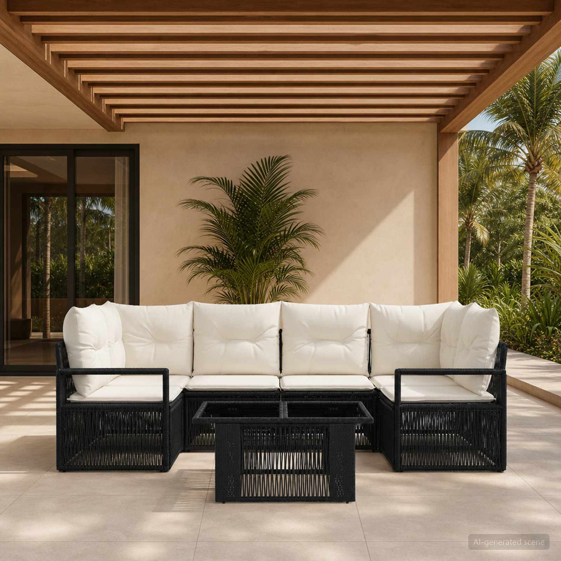 vidaXL Conjunto de sofás de jardín 7 uds. Negro y Blanco Crema