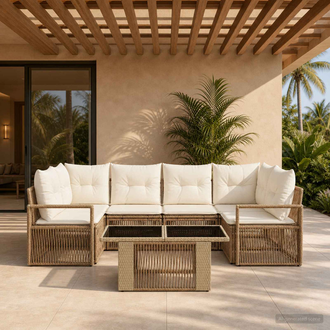 vidaXL Conjunto de sofás de jardín 7 uds. Beige y blanco crema