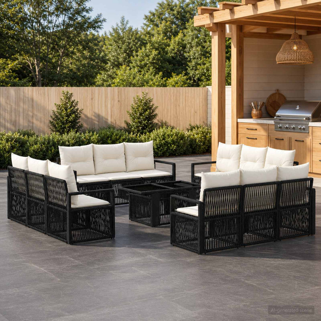 vidaXL Conjunto de sofás de jardín 13 uds. Negro y Blanco Crema
