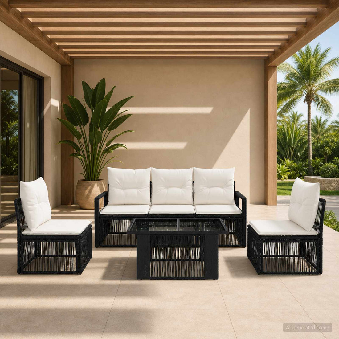 vidaXL Conjunto de sofás de jardín 6 uds. Negro y Blanco Crema