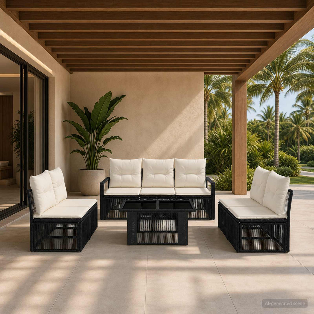 vidaXL Conjunto de sofás de jardín 8 uds. Negro y Blanco Crema