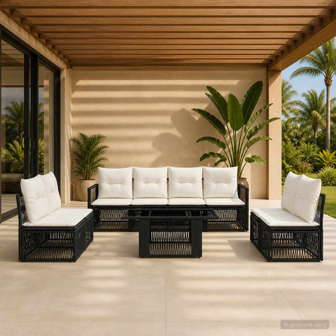vidaXL Conjunto de sofás de jardín 9 uds. Negro y Blanco Crema