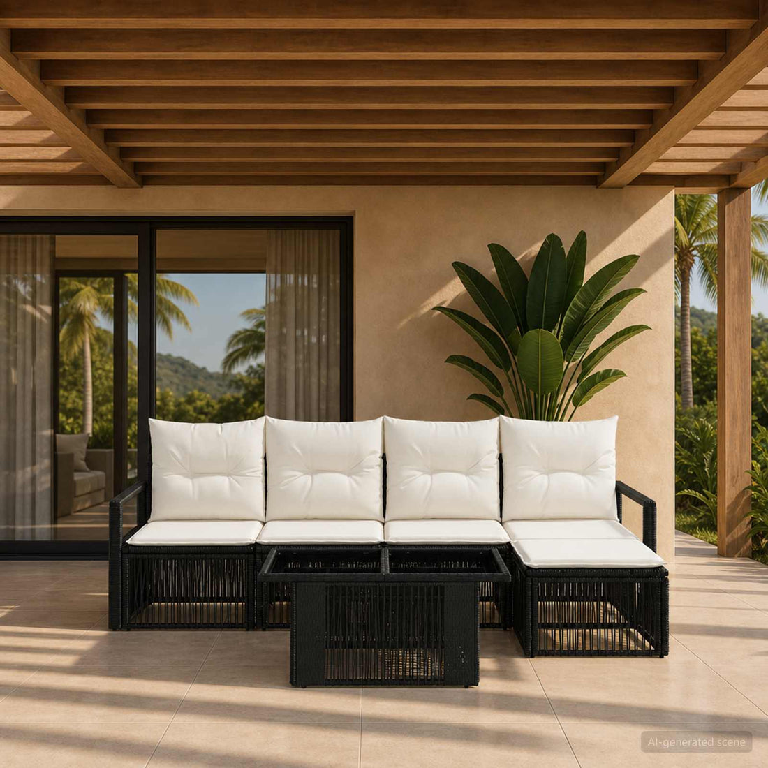 vidaXL Conjunto de sofás de jardín 6 uds. Negro y Blanco Crema