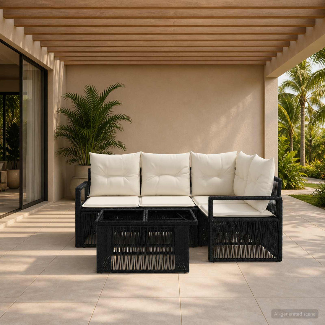 vidaXL Conjunto de sofás de jardín 5 uds. Negro y Blanco Crema