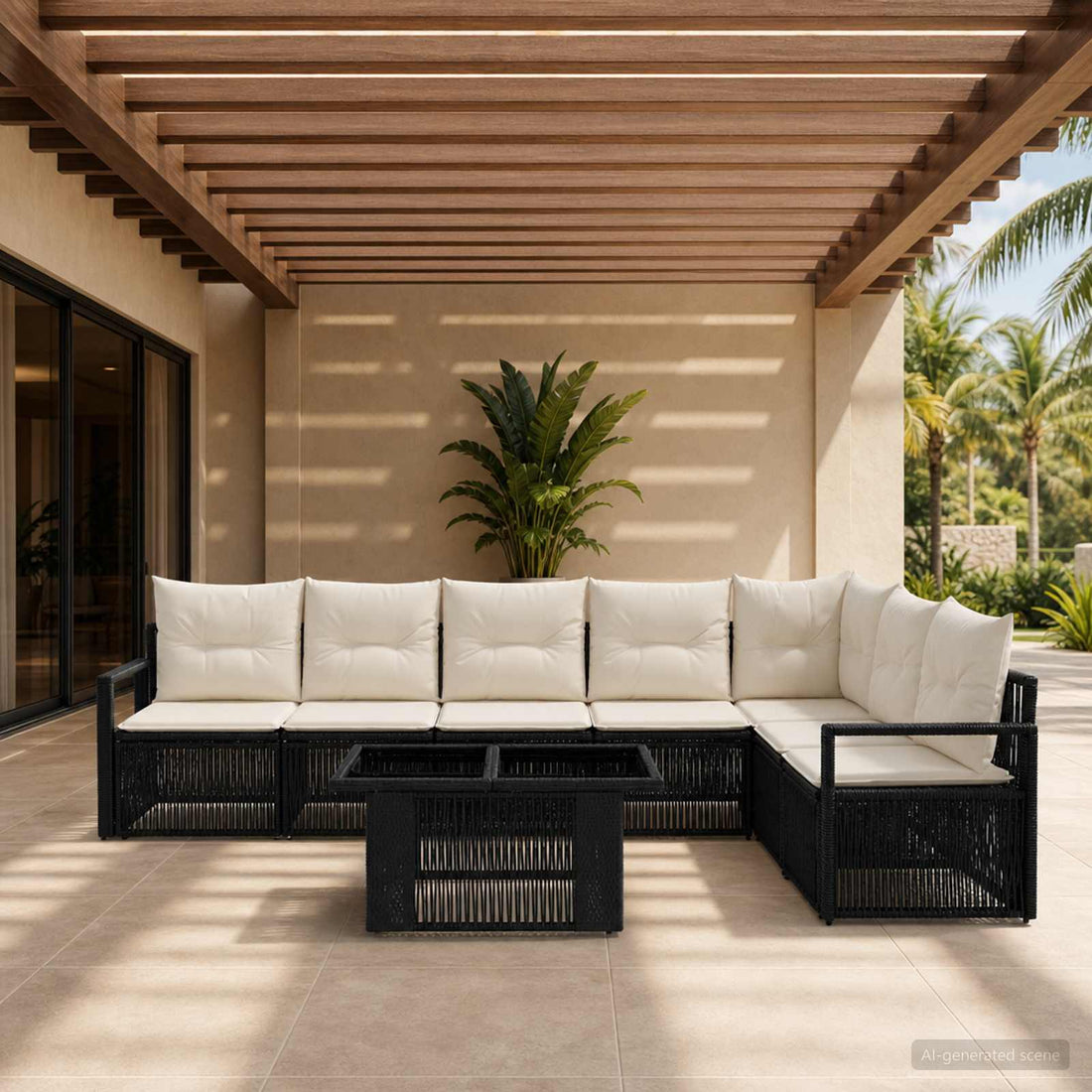 vidaXL Conjunto de sofás de jardín 8 uds. Negro y Blanco Crema
