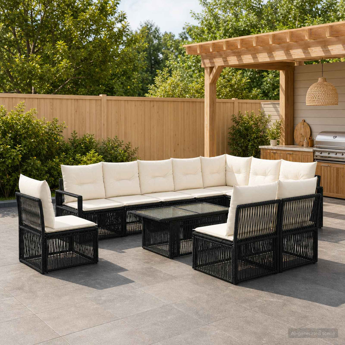 vidaXL Conjunto de sofás de jardín 11 uds. Negro y Blanco Crema