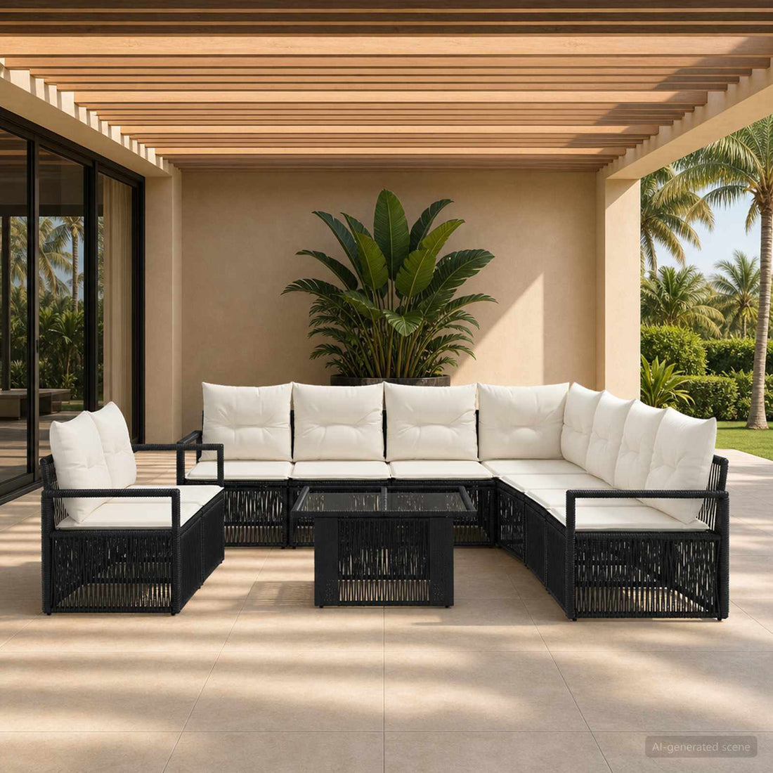 vidaXL Conjunto de sofás de jardín 10 uds. Negro y Blanco Crema
