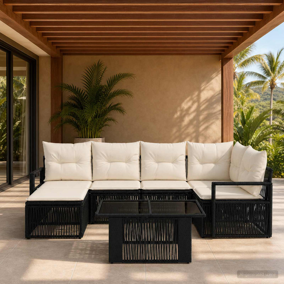 vidaXL Conjunto de sofás de jardín 7 uds. Negro y Blanco Crema