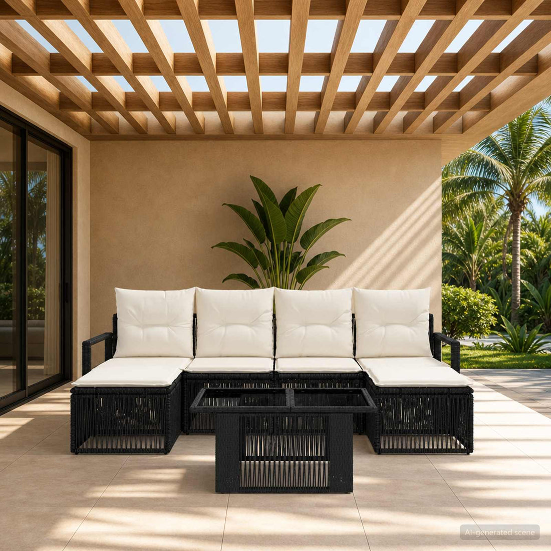 vidaXL Conjunto de sofás de jardín 7 uds. Negro y Blanco Crema