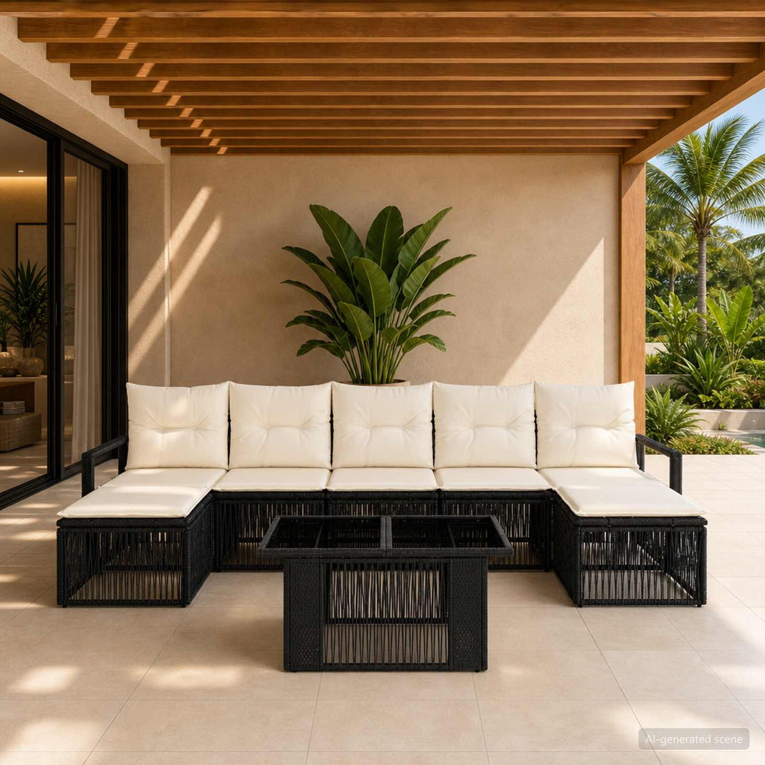 vidaXL Conjunto de sofás de jardín 8 uds. Negro y Blanco Crema