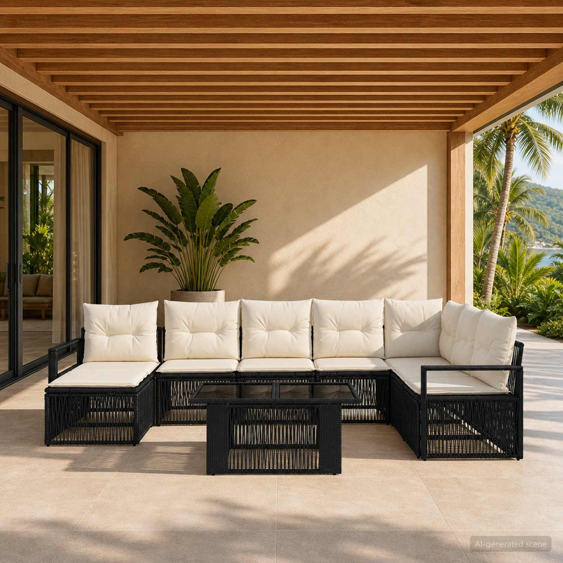 vidaXL Conjunto de sofás de jardín 9 uds. Negro y Blanco Crema