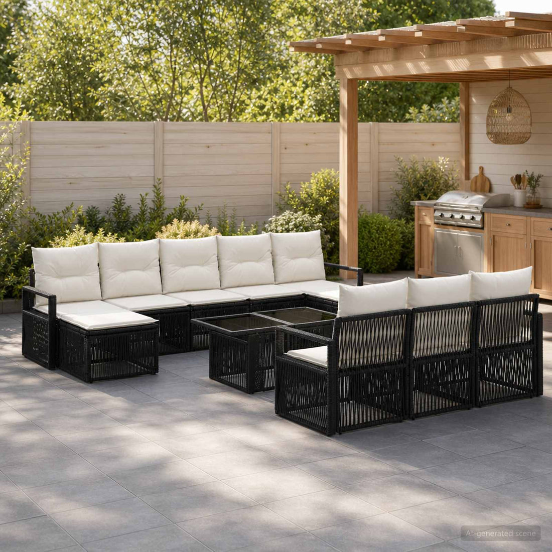 vidaXL Conjunto de sofás de jardín 11 uds. Negro y Blanco Crema