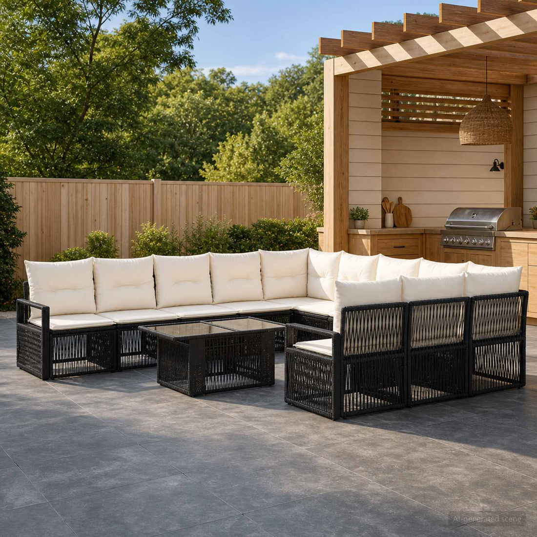 vidaXL Conjunto de sofás de jardín 12 uds. Negro y Blanco Crema