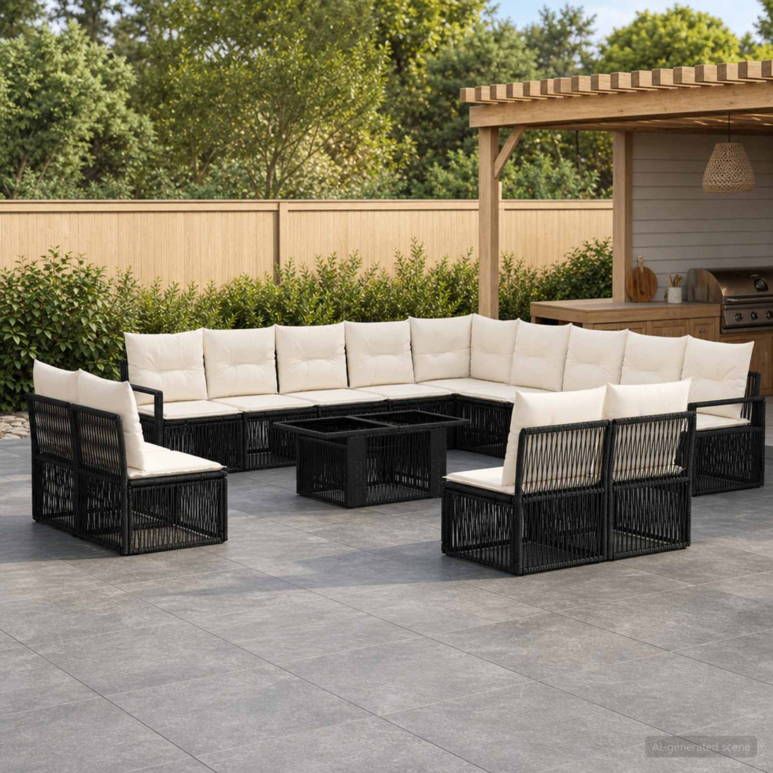 vidaXL Conjunto de sofás de jardín 14 uds. Negro y Blanco Crema